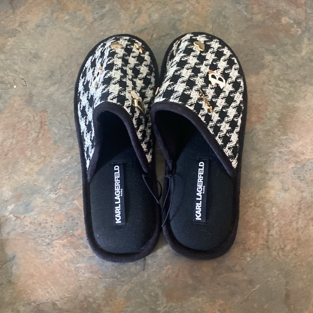 Karl Lagerfeld Houndstooth Slippers with Gold Accents NEW - Picture 5 of 7